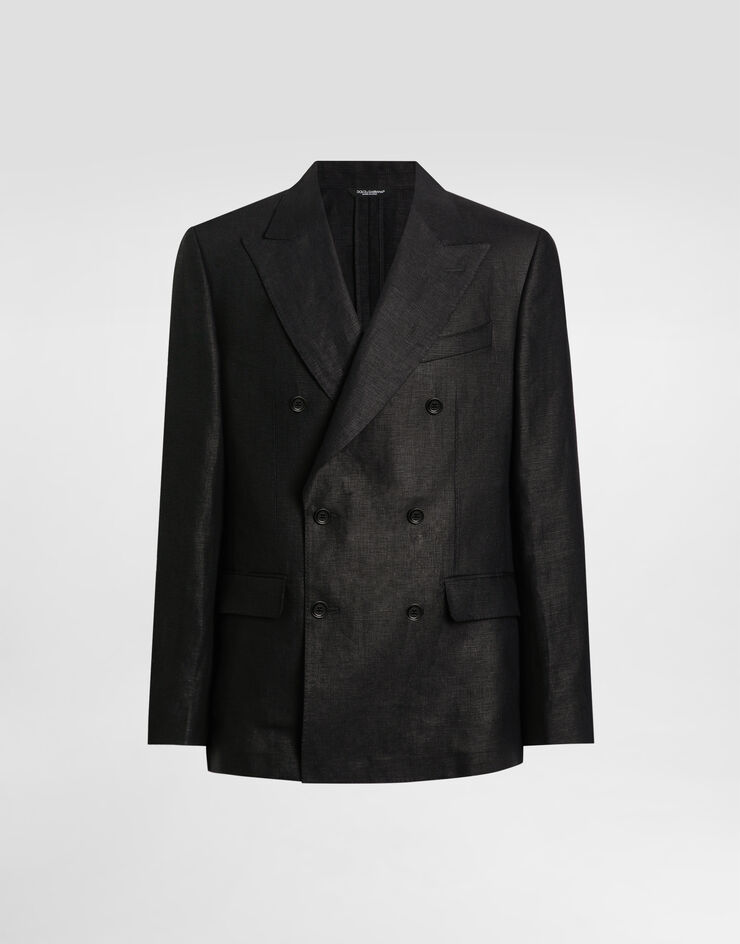 Dolce & Gabbana Zweireihige Jacke aus Leinenstoff Schwarz G2QS7TFU4MC