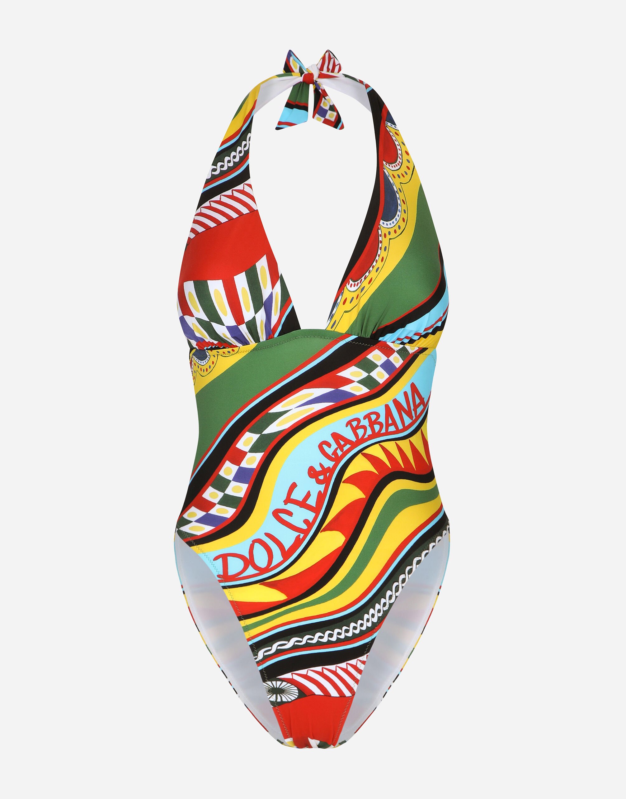 Dolce & Gabbana Carretto-print one-piece swimsuit with plunging neckline Multicolor O8A54JONN72