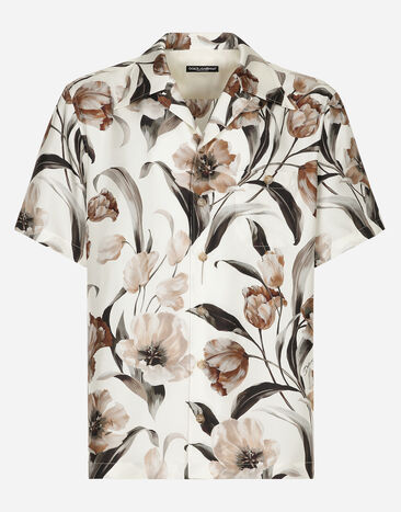 Dolce & Gabbana Silk Hawaiian shirt with tulip print Brown GXZ04TJBSG0