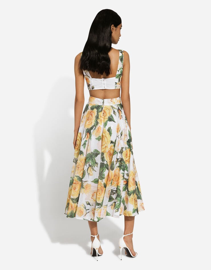 Dolce & Gabbana Sequined midi circle skirt with yellow rose print Print F4CP7TISMF0
