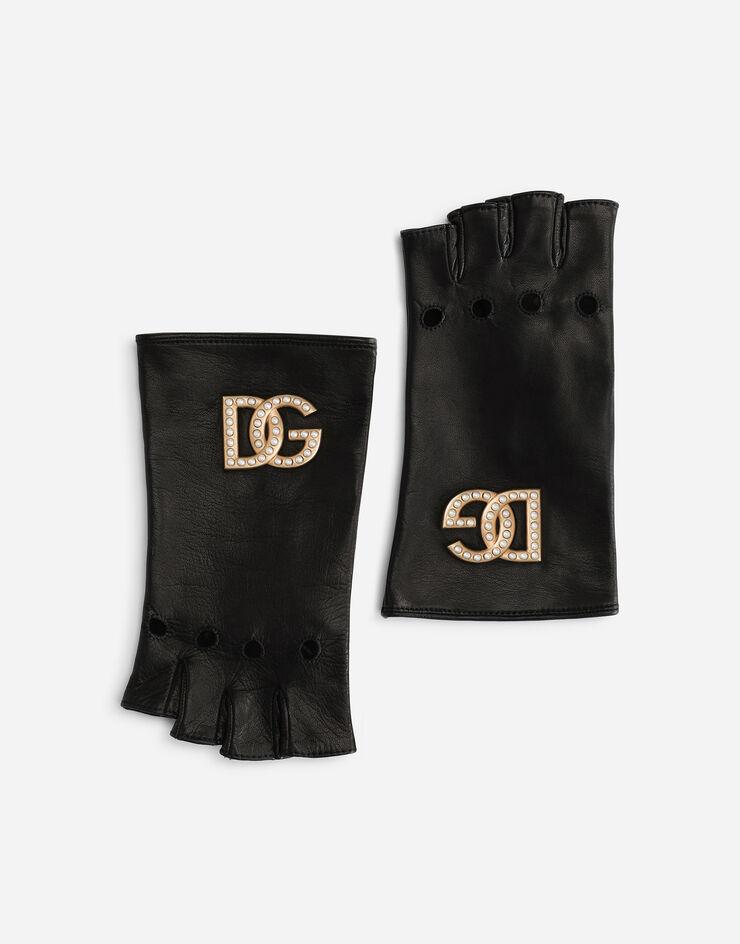 Dolce & Gabbana Handschuhe aus Nappaleder mit DG-Logo Perlen Schwarz BF0187AQ252