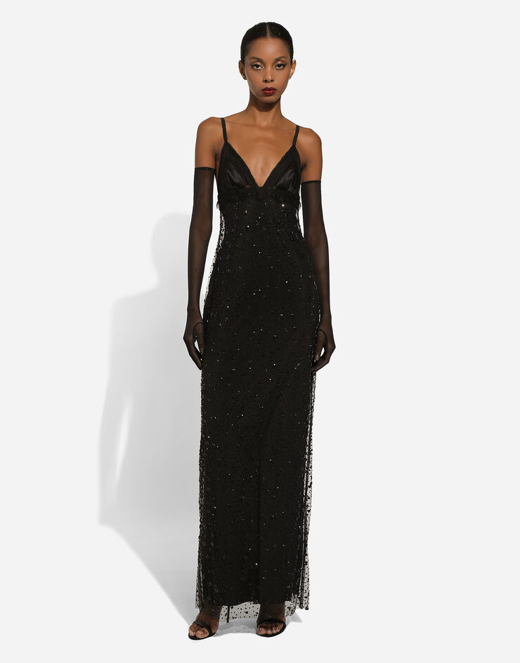 Dolce&Gabbana Vestido largo tipo combinación de tul con bordado integral de strass Negro F6DFFZHLSAZ