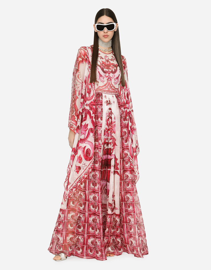 Dolce&Gabbana Abito lungo in chiffon stampa maiolica Multicolore F6ADQTHI1BR