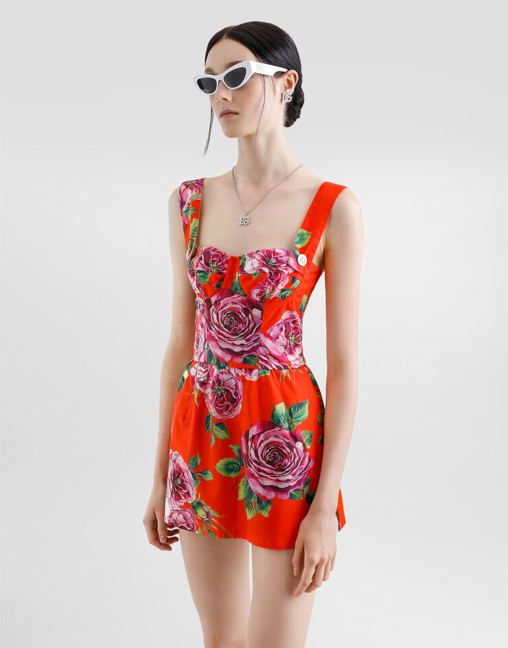 Dolce & Gabbana Langes Bustier-Top aus Baumwolle Rosenprint Drucken F7AO6THS5TI