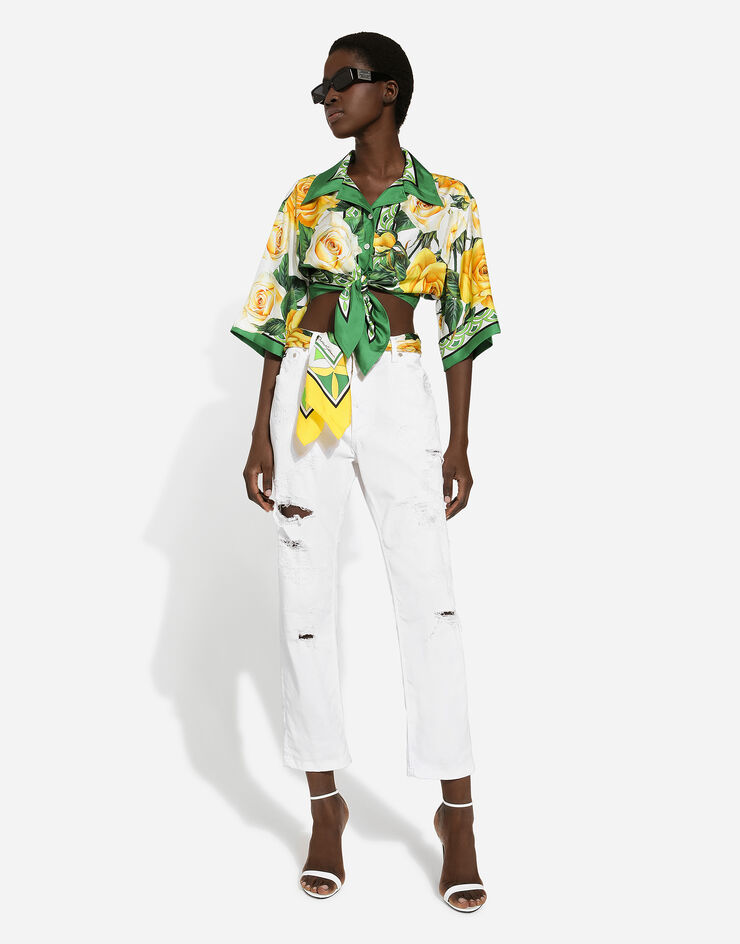 Dolce & Gabbana Short silk shirt with pussy-bow and yellow rose print Stampa F5N11THI1QI
