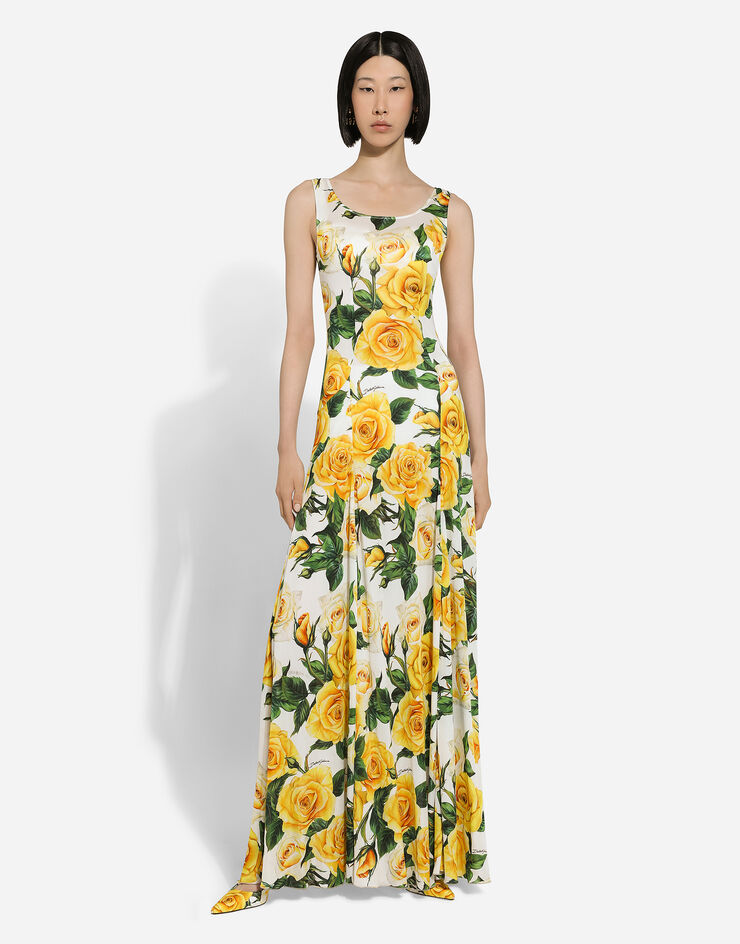 Dolce & Gabbana Длинное платье из органсина с круглым вырезом и принтом желтых роз Отпечатки F6DAOTFS8C3