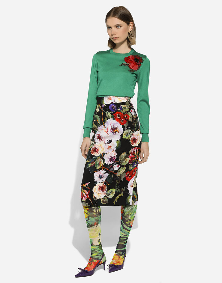 Dolce & Gabbana Jersey de seda con aplicación de flor Verde FXX12ZJBSHX