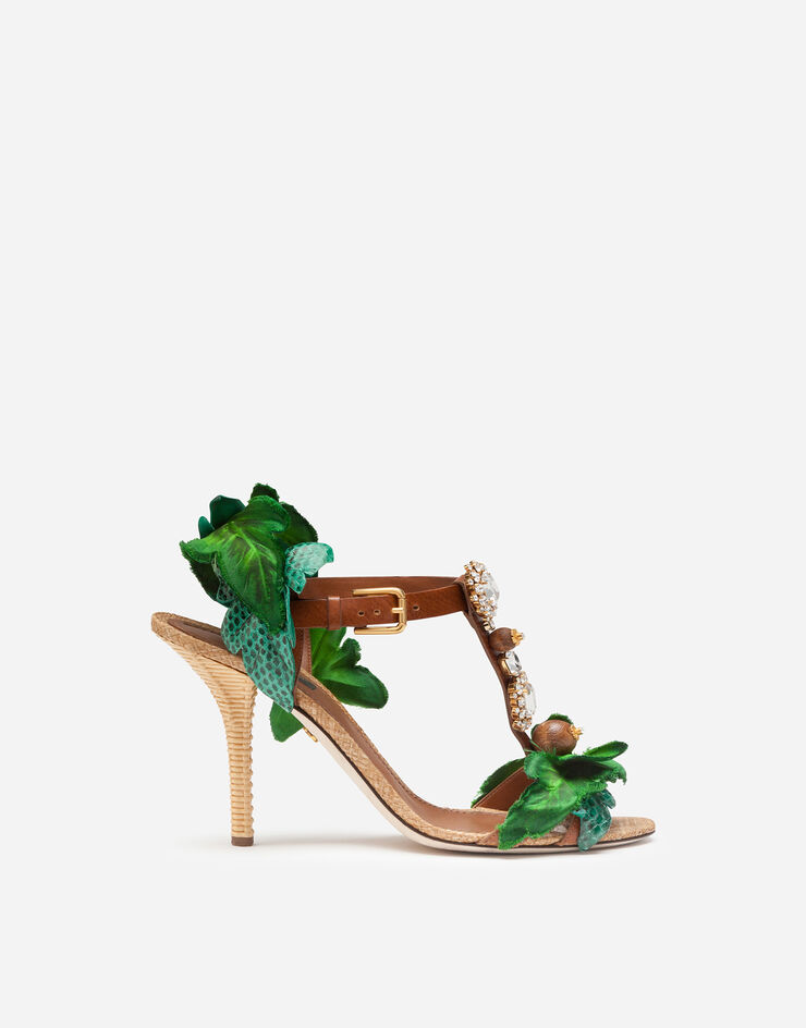 Dolce & Gabbana Sandals in cowhide with leaf appliqué and bejeweled embroidery BEIGE/VERT CR1044AX891