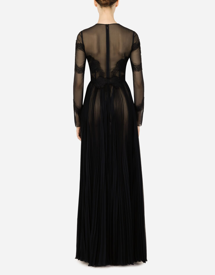Dolce & Gabbana Long chiffon dress with lace details Black F6ZL4TFUSMU