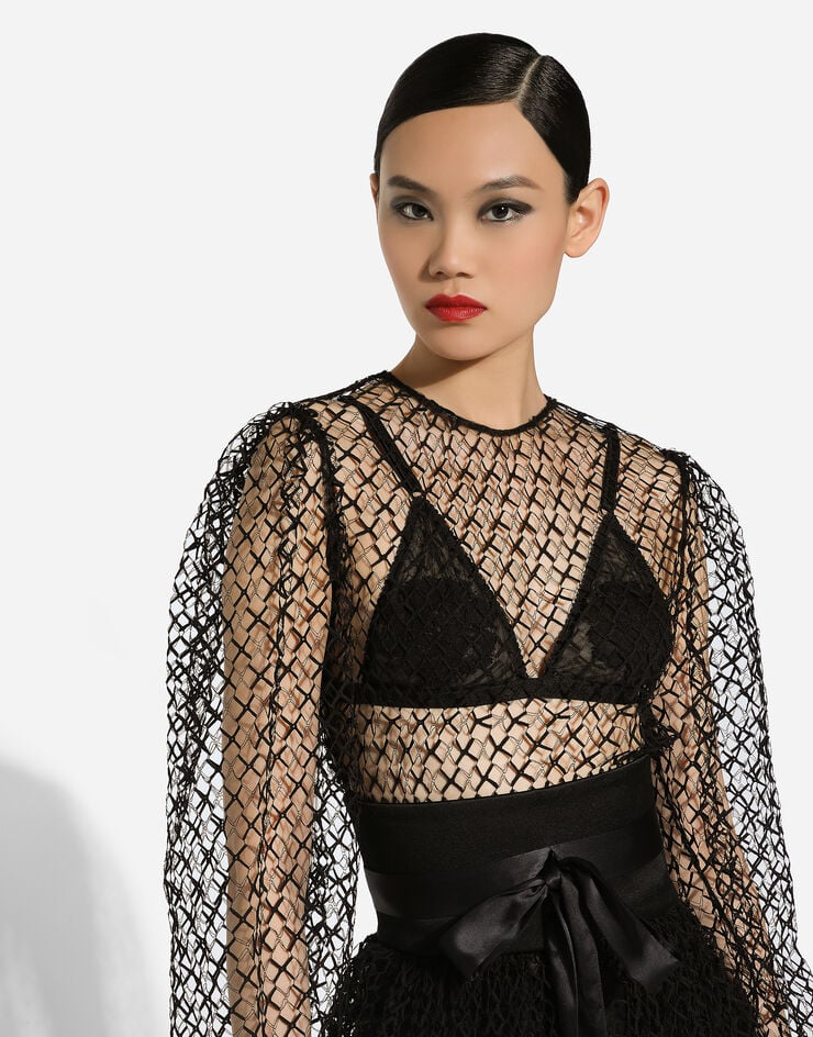 Dolce & Gabbana Longuette-Kleid Netzgewebe mit Gürtel aus Wollkrepp Schwarz F6JOITILMBE