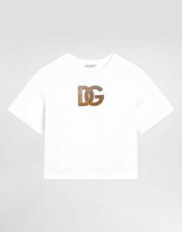 Dolce & Gabbana Short-sleeved jersey t-shirt with DG logo strass White L5JTNLG7PHN