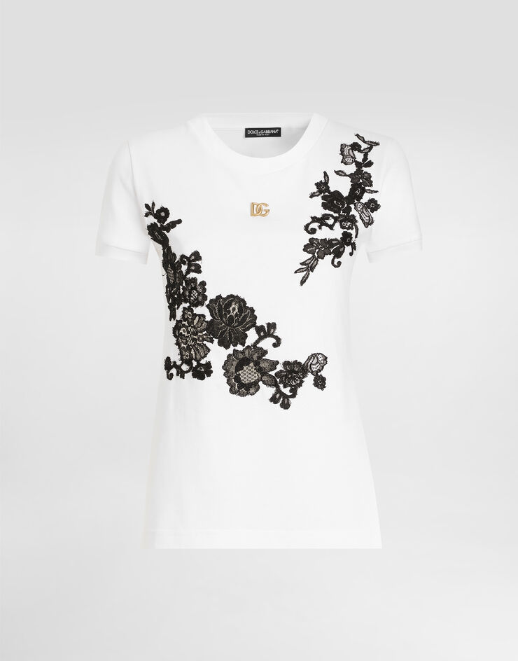Dolce & Gabbana Jersey T-shirt with DG logo pin and lace details White F8V20TGDCTI
