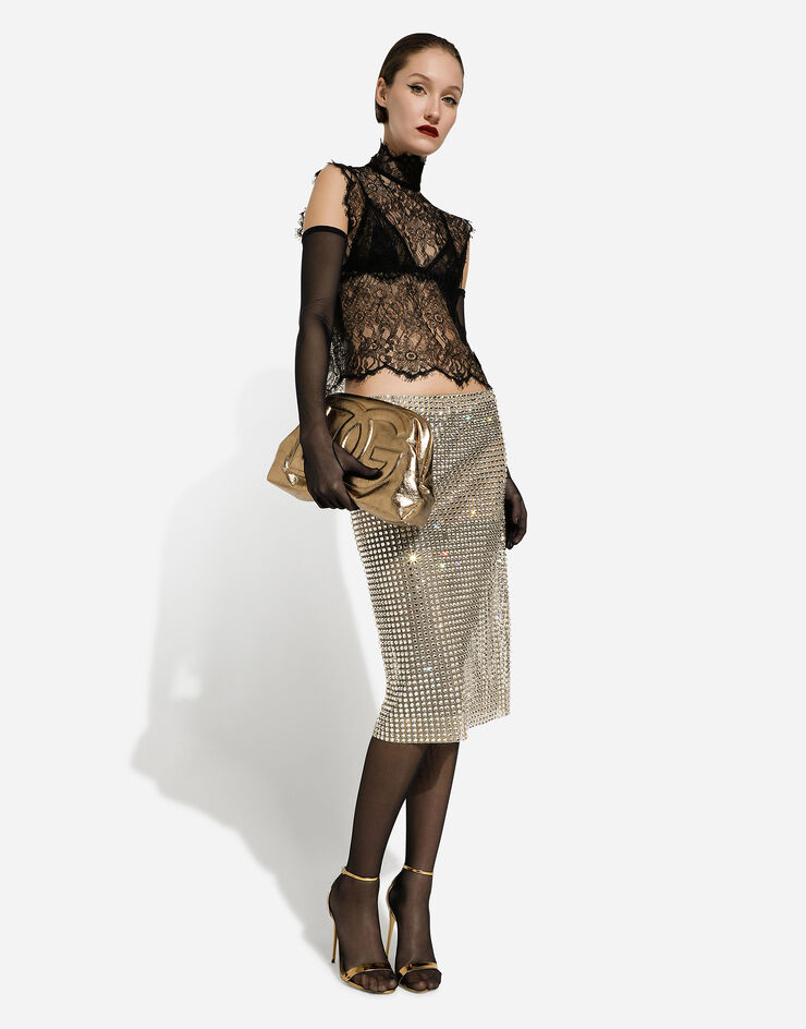 Dolce&Gabbana Gonna longuette in tulle con ricamo allover in termostrass Cristallo F4CRSZGDB2D