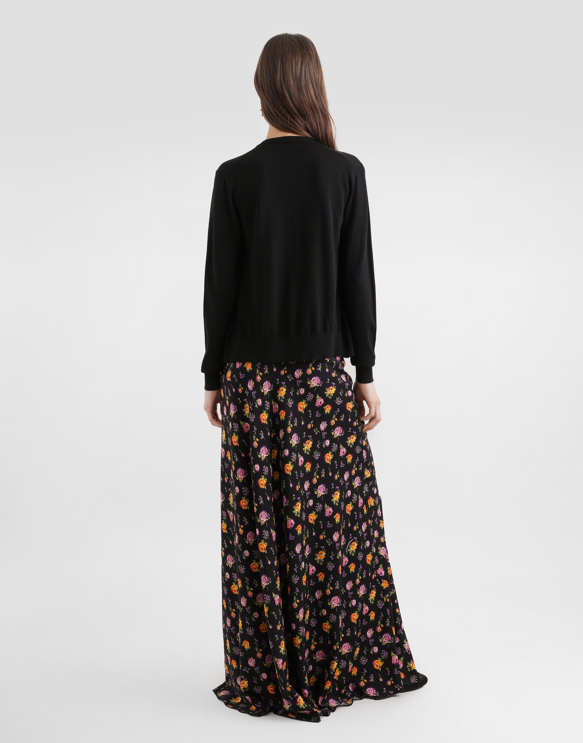 Small rose bouquets-print flared charmeuse skirt in Multicolor for