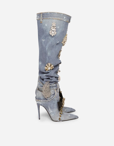 Dolce & Gabbana Patchwork denim boots with embroidery Gold CU1161A6A02