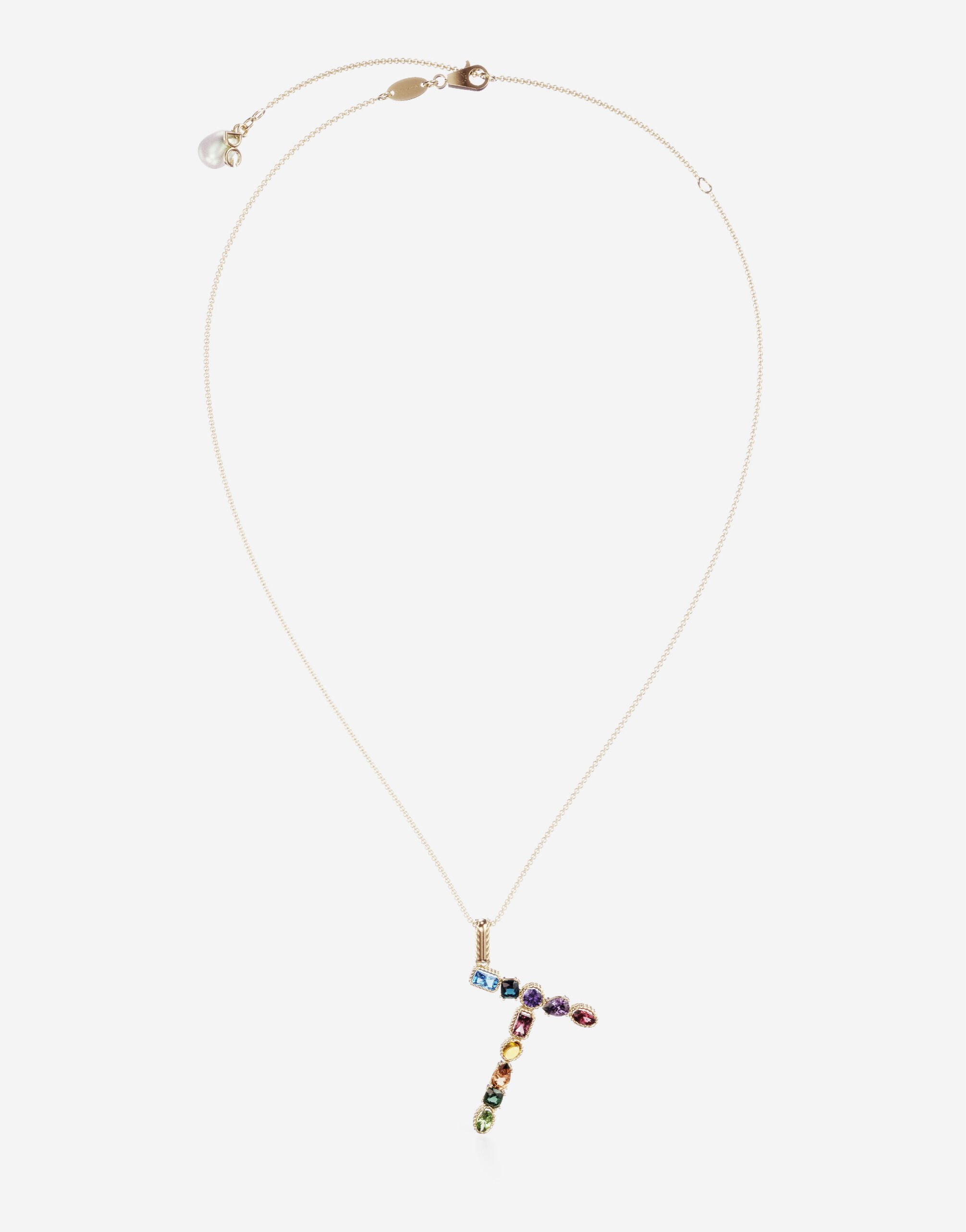 Dolce & Gabbana Pendente T Rainbow Alphabet con gemme multicolor Oro WAMR2GWMIXA