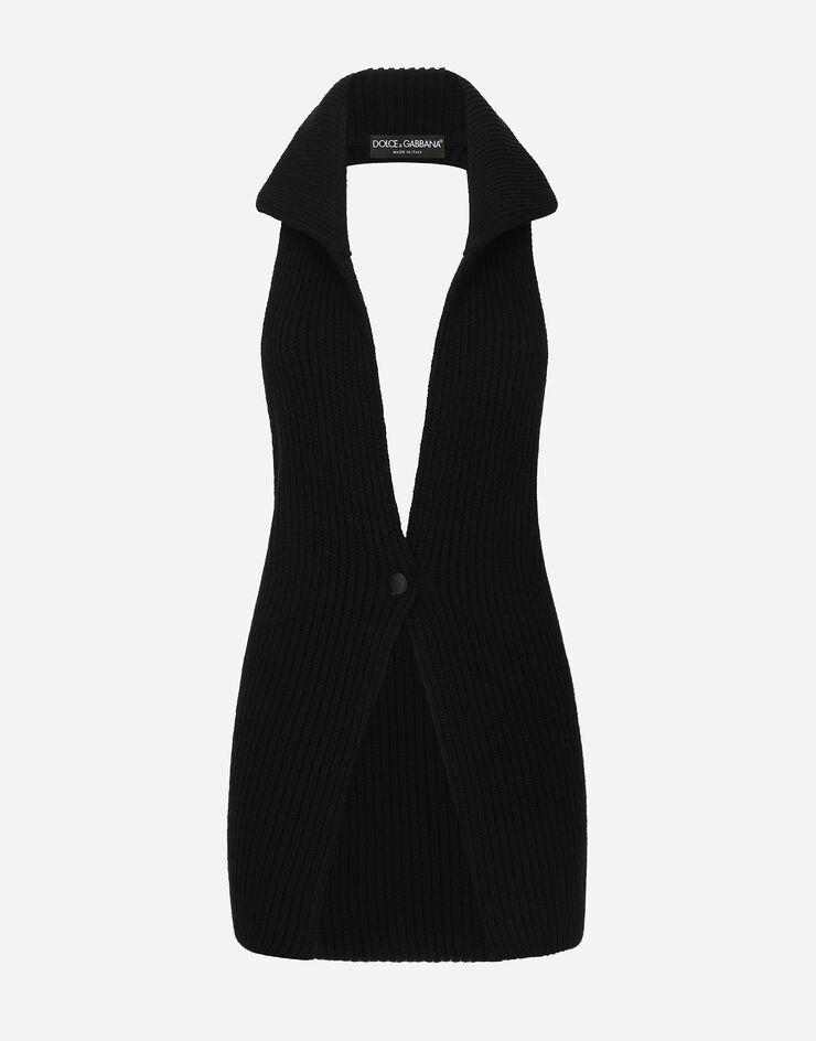 Dolce & Gabbana Lange Wollweste aus geripptem Patentstrick Schwarz FXT24TJFMGK