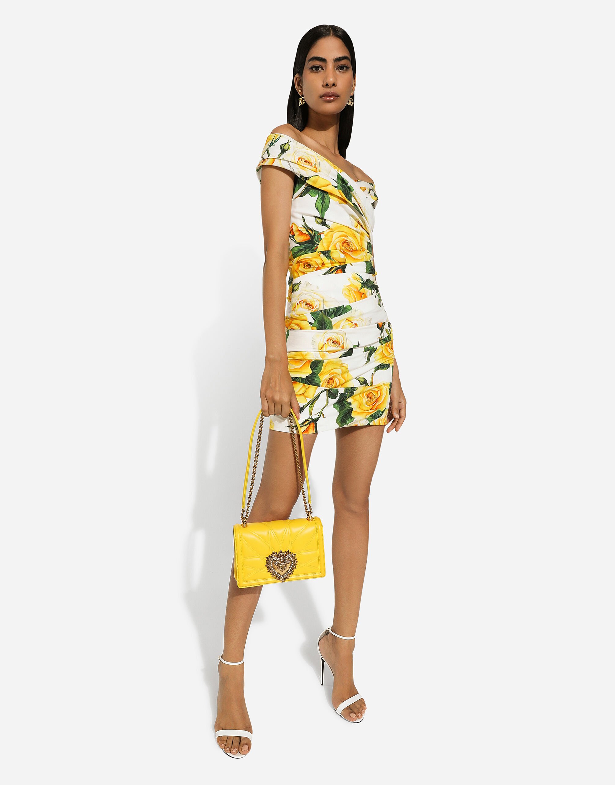 Short draped cotton dress with yellow rose print Dolce Gabbana