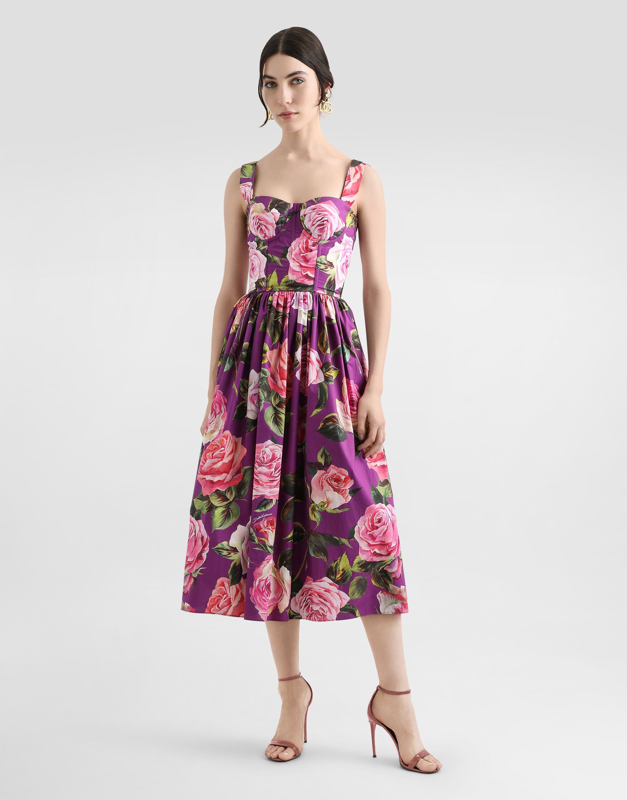Short cotton dress with floral print and tie details in