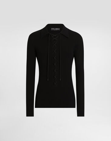 Dolce & Gabbana Long-sleeved interlock jersey polo-shirt with laces Black G8SR8TG7O8E