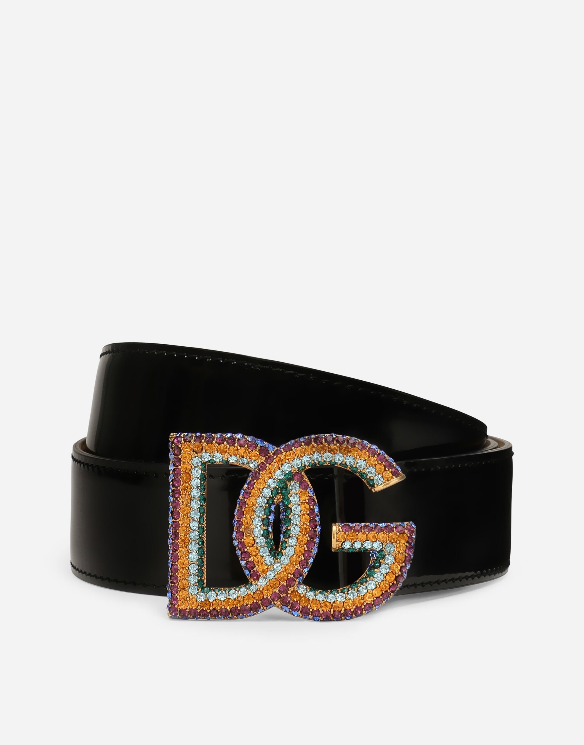 Dolce & Gabbana Polished calfskin belt with crystal DG logo Multicolor BE1588AD986
