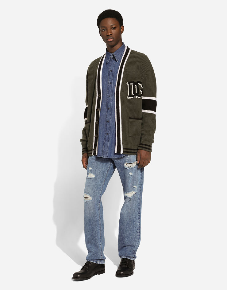 Dolce & Gabbana Cardigan en laine côtes anglaises avec écusson logo DG Vert GXV13ZJCVYC