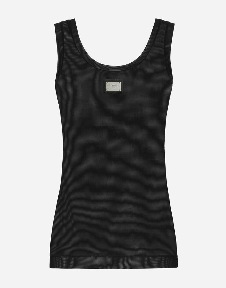 Dolce&Gabbana Tanktop aus leichtem Tüll mit Dolce&Gabbana-Logoplakette Schwarz F771QTFLRC2