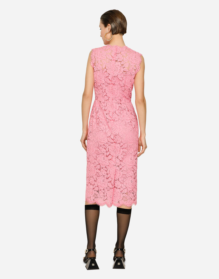 Dolce & Gabbana Vestido longuette de encaje elástico con logotipo Rosa F6H0ZTFLRE1