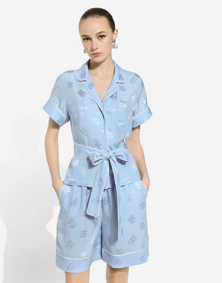 Dolce & Gabbana Short-sleeved silk satin jacquard pajama shirt with DG logo Azure F5G67TFJ1JO
