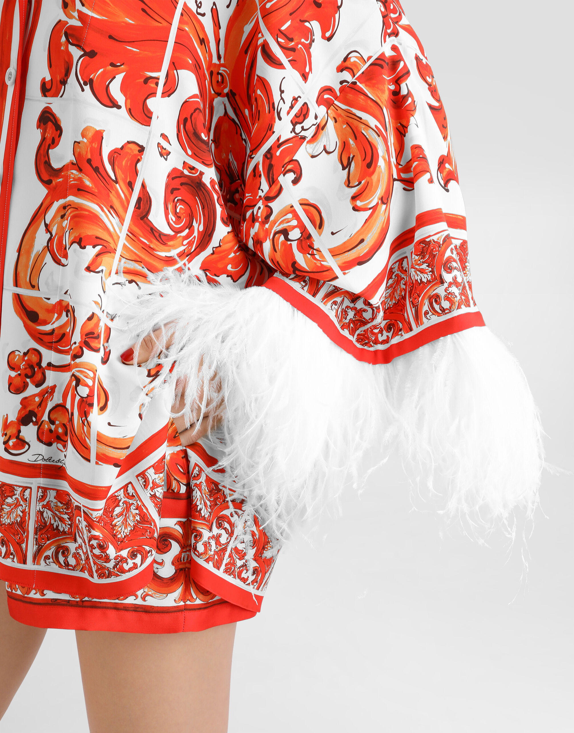 Majolica-print charmeuse shirt with feather trim in Multicolor for