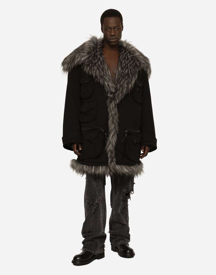 Dolce&Gabbana Multi-pocket cotton pea coat with faux fur details Black G040ZTHUMS8