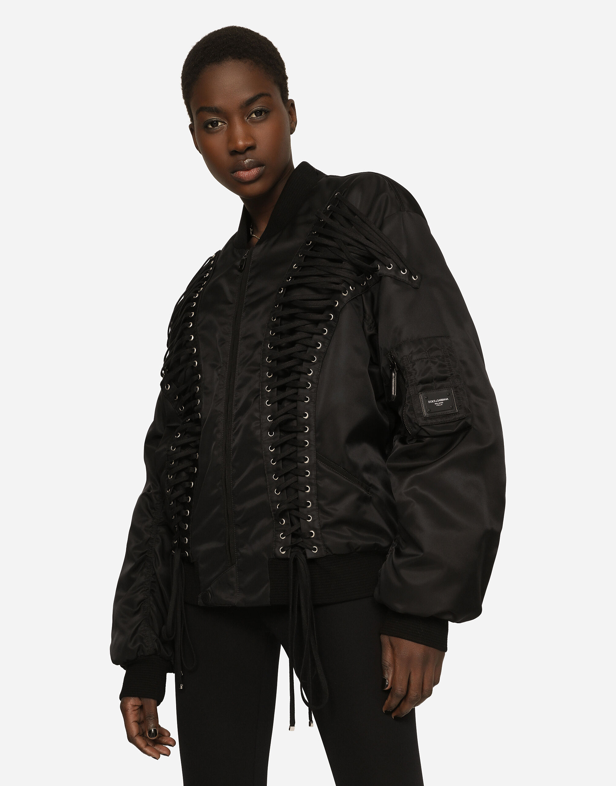 Technical fabric bomber jacket with laces and eyelets in Black for Women |  Dolce&Gabbana® US