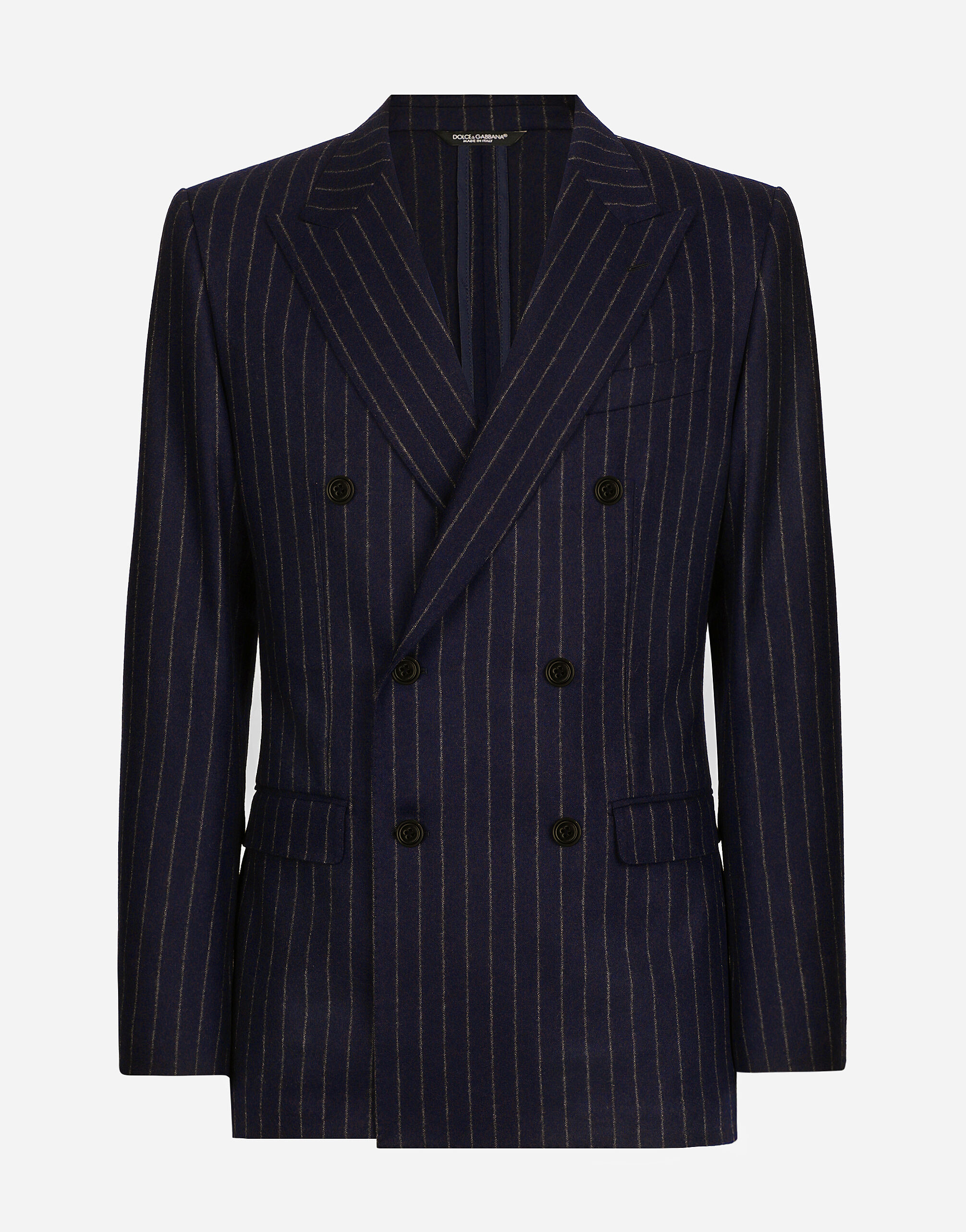 Double-breasted pinstripe flannel Taormina-fit jacket in