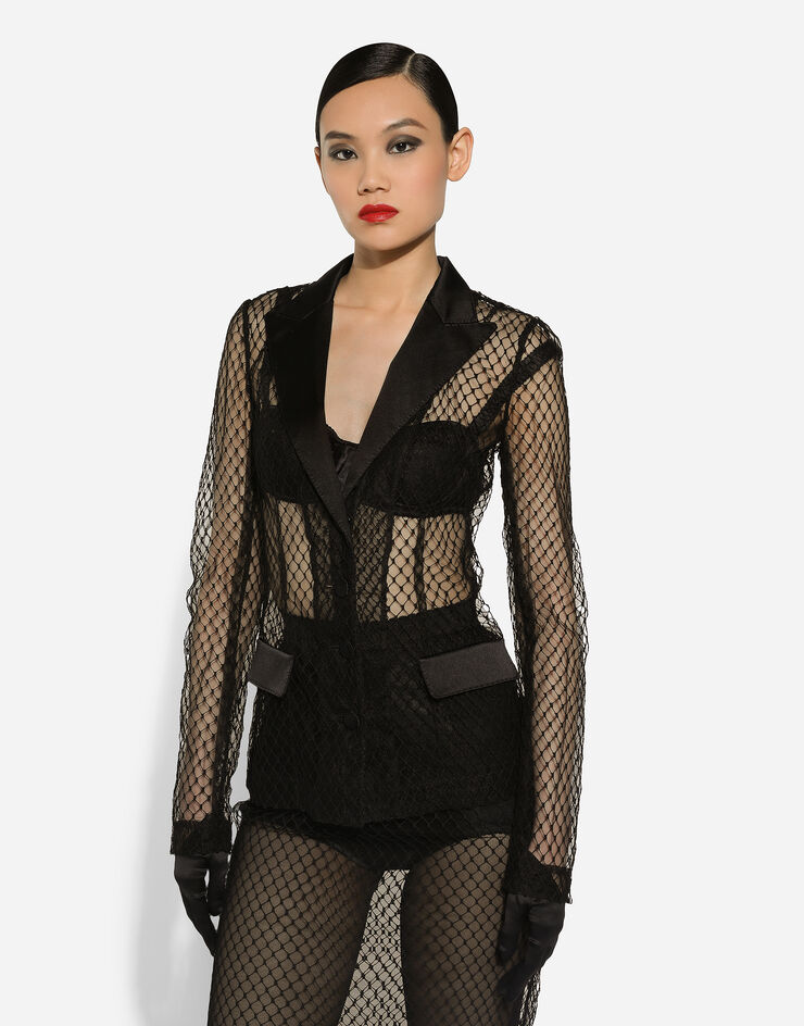 Dolce & Gabbana جاكيت سهرة دولتشي شبكي بصف أزرار مفرد أسود F27BUTHLM83