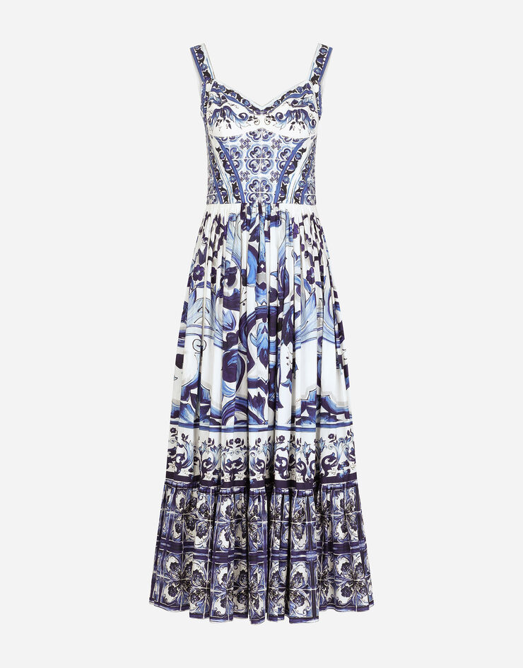 Dolce & Gabbana Calf-length corset dress in majolica-print cotton poplin Multicolor F6AEITHH5A1