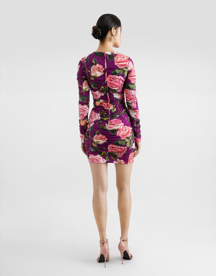 Dolce & Gabbana Charmeuse midi sheath dress with draping and rose print Print F6TLTTFSA7A