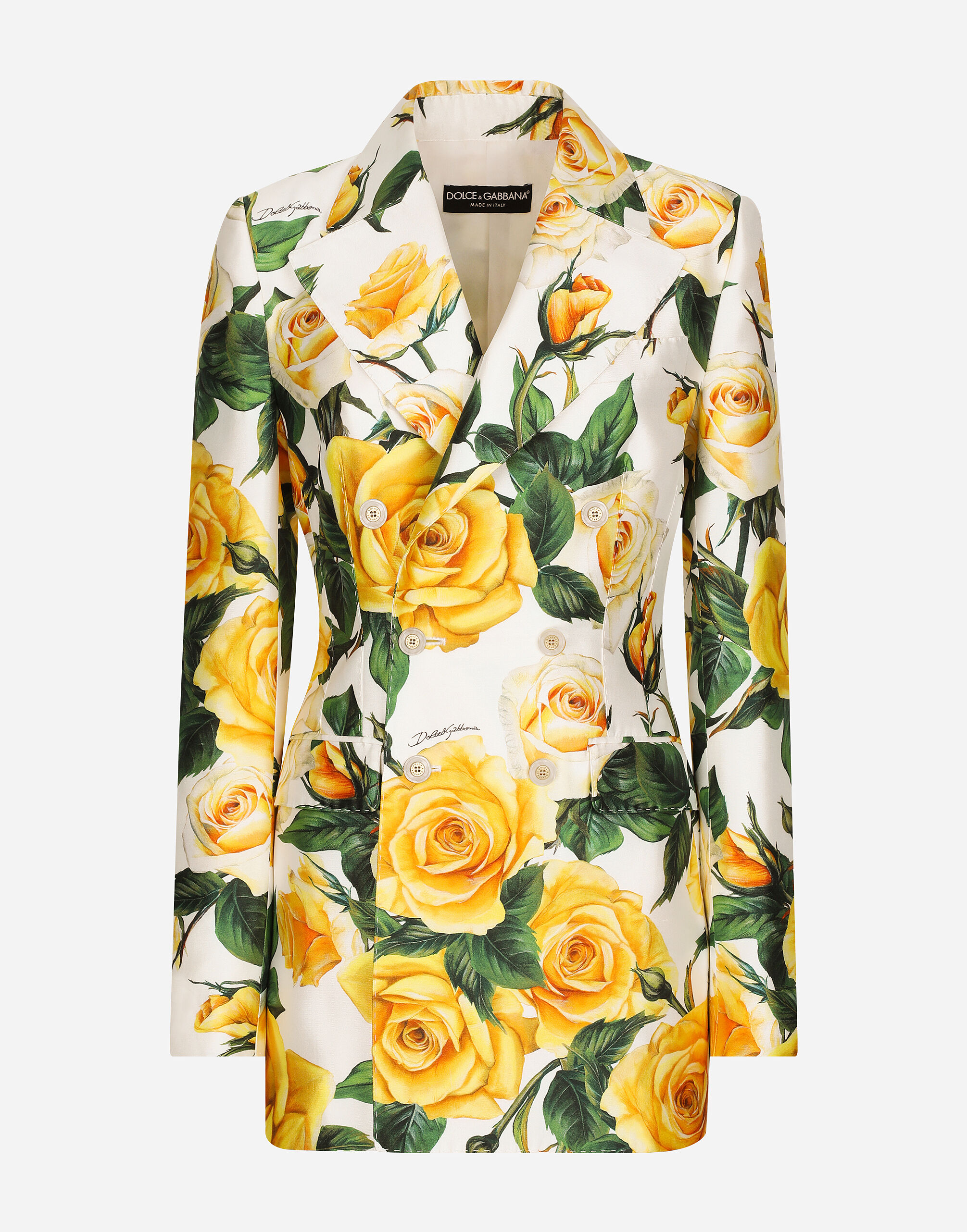 Dolce & Gabbana Zweireihige Turlington-Jacke aus Mikado Gelbe-Rosen-Print Drucken F29UDTIS1P4