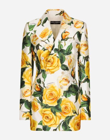 Dolce & Gabbana 옐로 로즈 프린트 미카도 더블 브레스티드 털링턴 재킷 인쇄 F29UDTIS1P4