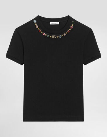 Dolce & Gabbana Jerseyt-shirt with jewel chain and DG logo Black L5JTNJG7PK2