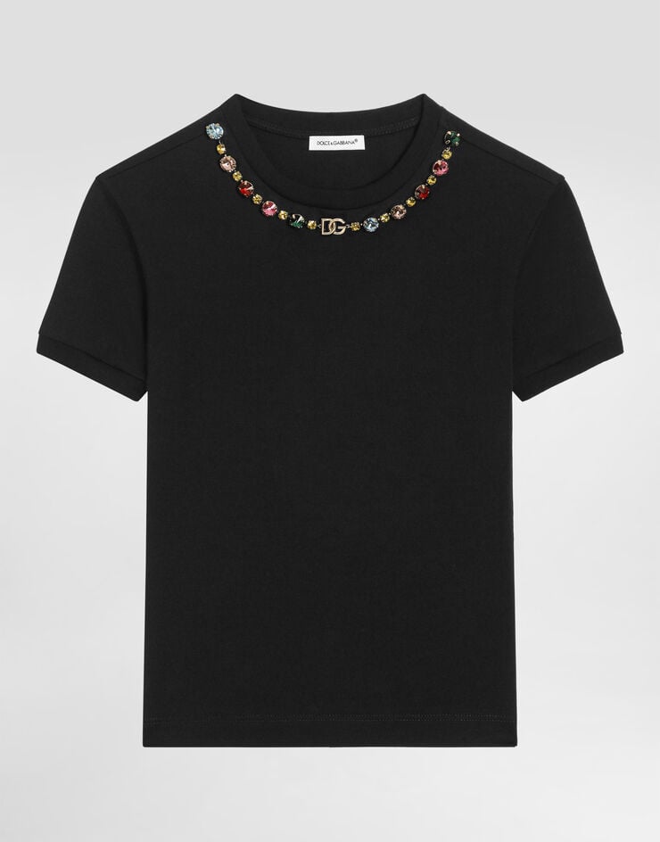 Dolce & Gabbana Jerseyt-shirt with jewel chain and DG logo Black L5JTNJG7PK2