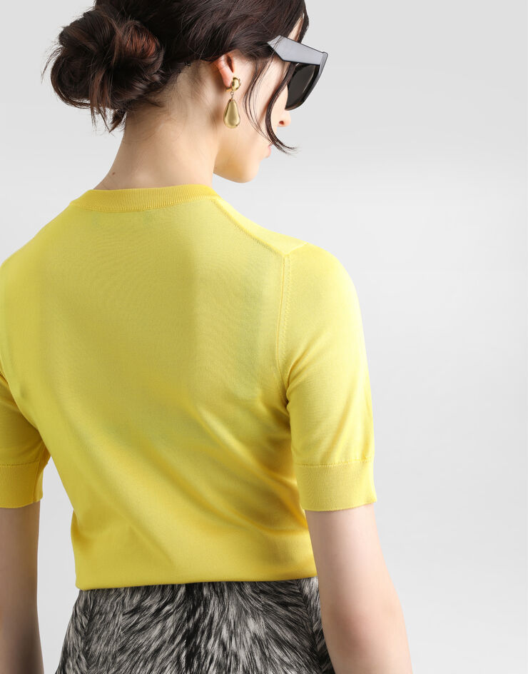 Dolce & Gabbana Short-sleeved silk sweater with flower embellishment Yellow FXX03ZJBSKY