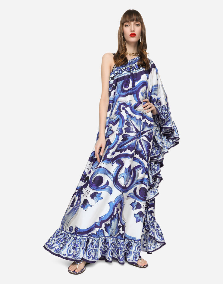 Dolce & Gabbana Long one-shoulder twill dress with majolica print Multicolor F6ADJTHI1BQ