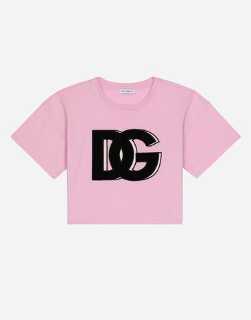 Dolce & Gabbana Camiseta de cuello redondo en punto con parche del logotipo DG Rosa L5JTIMG7IGJ