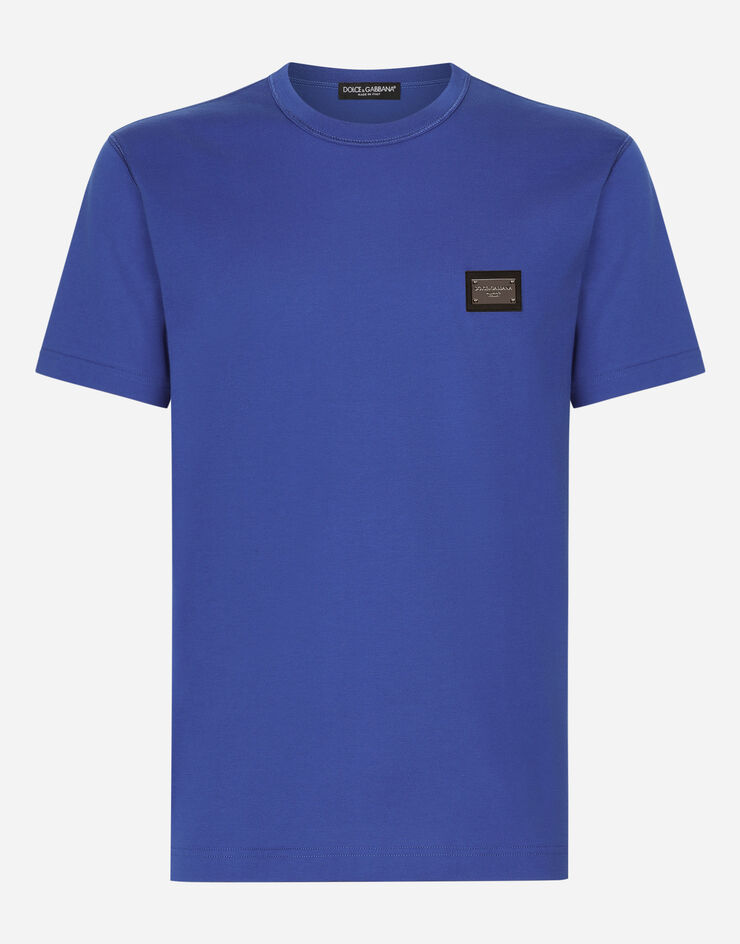 Dolce&Gabbana Cotton T-shirt with branded tag Blue G8PT1TG7F2I
