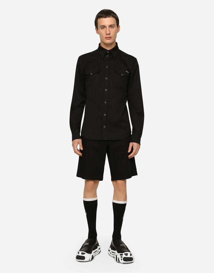 Dolce & Gabbana قميص من دنيم مرن أسود مطلي متعدد الألوان G5JC8DG8GW6