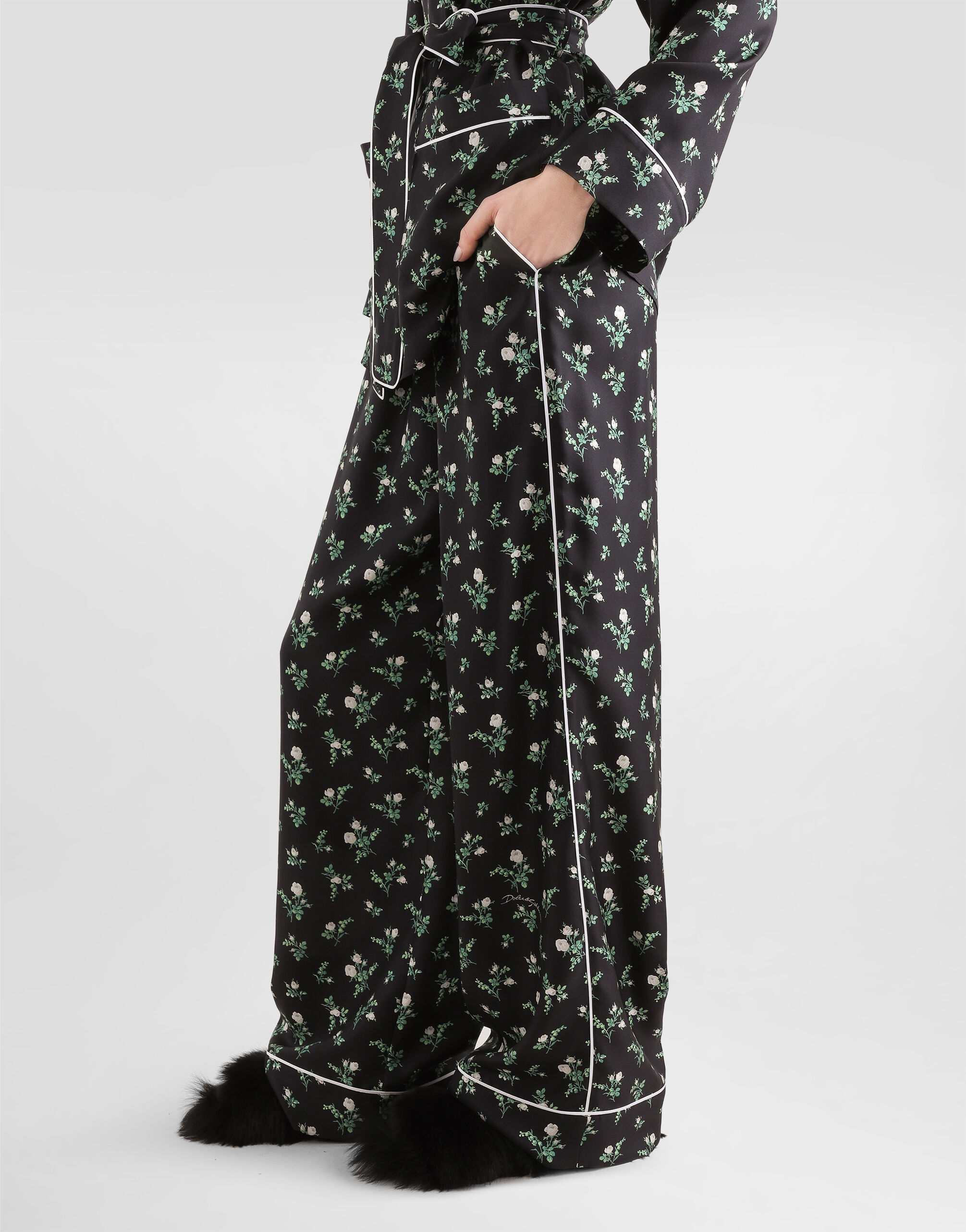 Roses and lilies of the valley-print twill vanity trousers in
