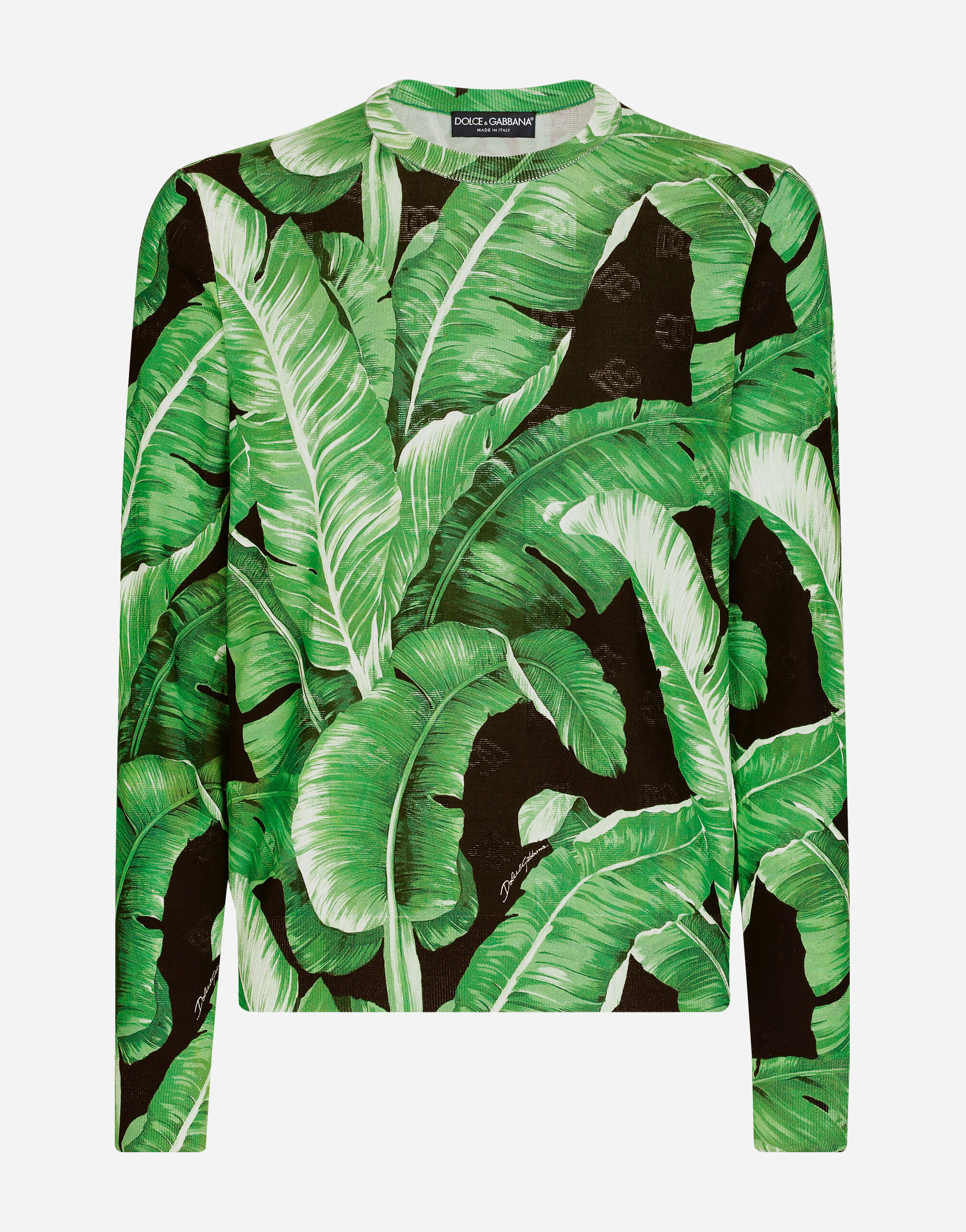 Dolce & Gabbana Round-neck silk sweater with banana tree print Black GXZ38ZJBCDS