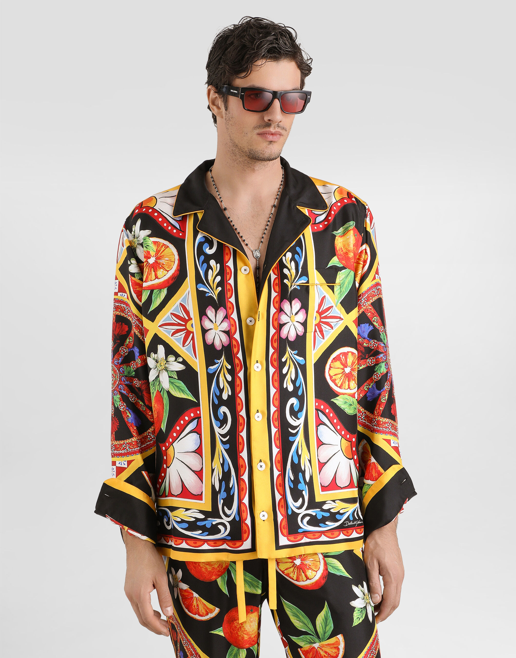 Carretto-print silk twill shirt in Multicolor for Men