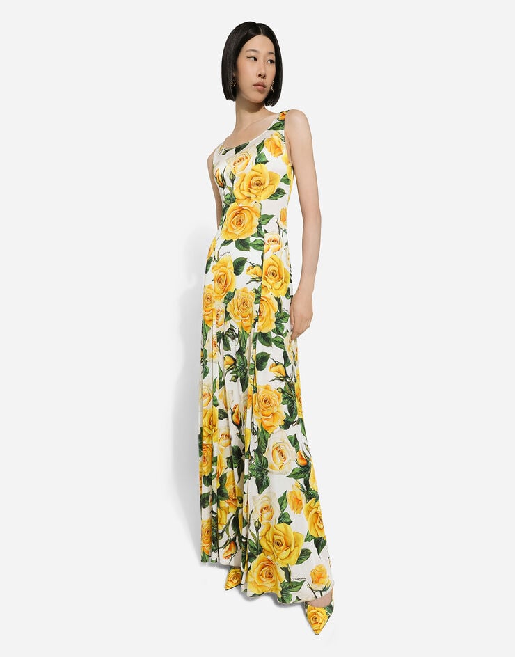 Dolce & Gabbana Длинное платье из органсина с круглым вырезом и принтом желтых роз Отпечатки F6DAOTFS8C3