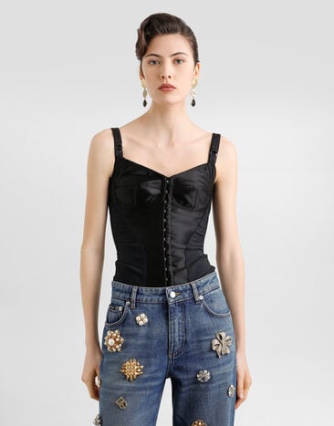 Dolce & Gabbana Bustier-Top aus elastischem Satin Schwarz F7525TGDCMX